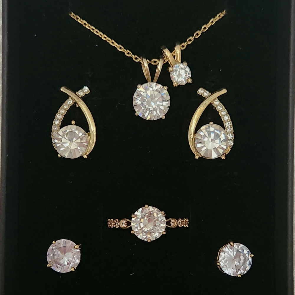 Gold Plated Lab Diamond Pendant With Matching Jewelry Set Plus 2 Rings